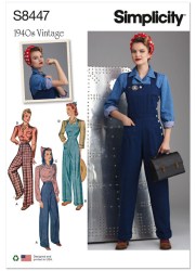 8447 Simplicity Retro 1940s Rosie inspired Overalls, Pants, Blouse, Hood Pattern 6-14 new